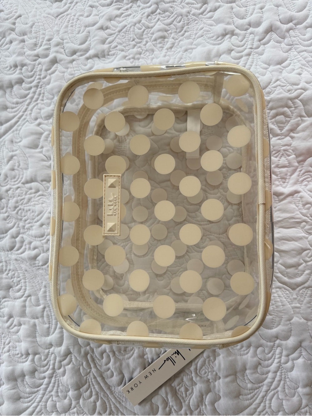 Nicole Miller Clear Cosmetic Pouch with Cream Polka Dots 9x 12